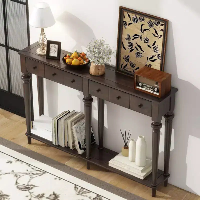 Consolle stretta vintage con contenitore, tavolino da ingresso in legno con 4 cassetti e ripiano aperto per ingressi, soggiorni e corridoi