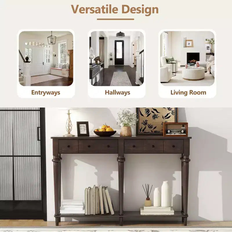 Consolle stretta vintage con contenitore, tavolino da ingresso in legno con 4 cassetti e ripiano aperto per ingressi, soggiorni e corridoi