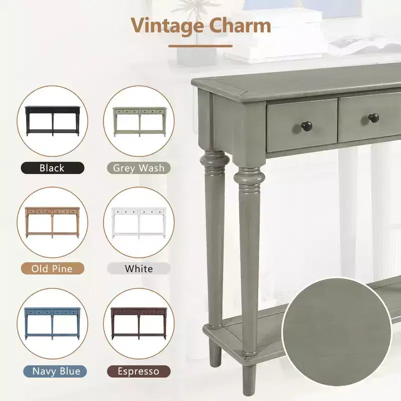 Consolle stretta vintage con contenitore, tavolino da ingresso in legno con 4 cassetti e ripiano aperto per ingressi, soggiorni e corridoi