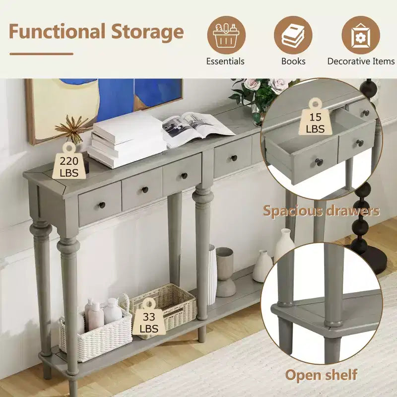 Consolle stretta vintage con contenitore, tavolino da ingresso in legno con 4 cassetti e ripiano aperto per ingressi, soggiorni e corridoi