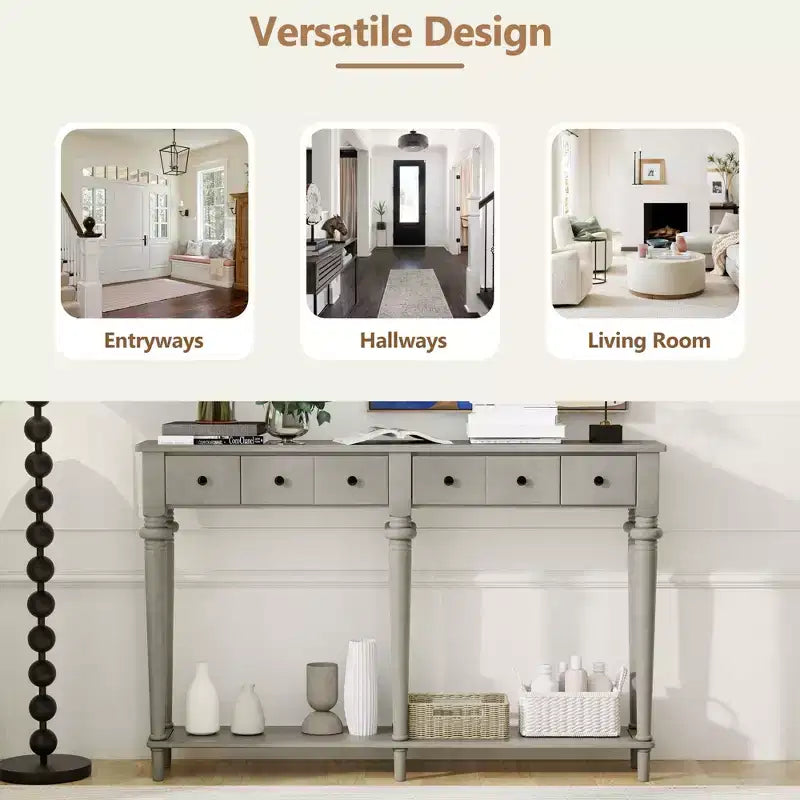 Consolle stretta vintage con contenitore, tavolino da ingresso in legno con 4 cassetti e ripiano aperto per ingressi, soggiorni e corridoi