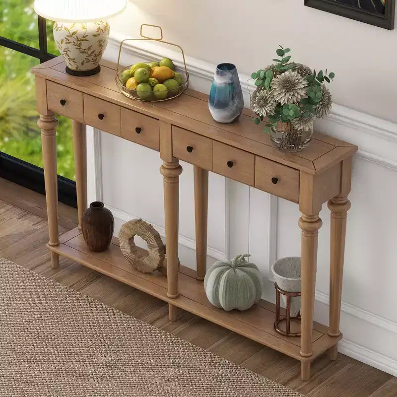 Consolle stretta vintage con contenitore, tavolino da ingresso in legno con 4 cassetti e ripiano aperto per ingressi, soggiorni e corridoi