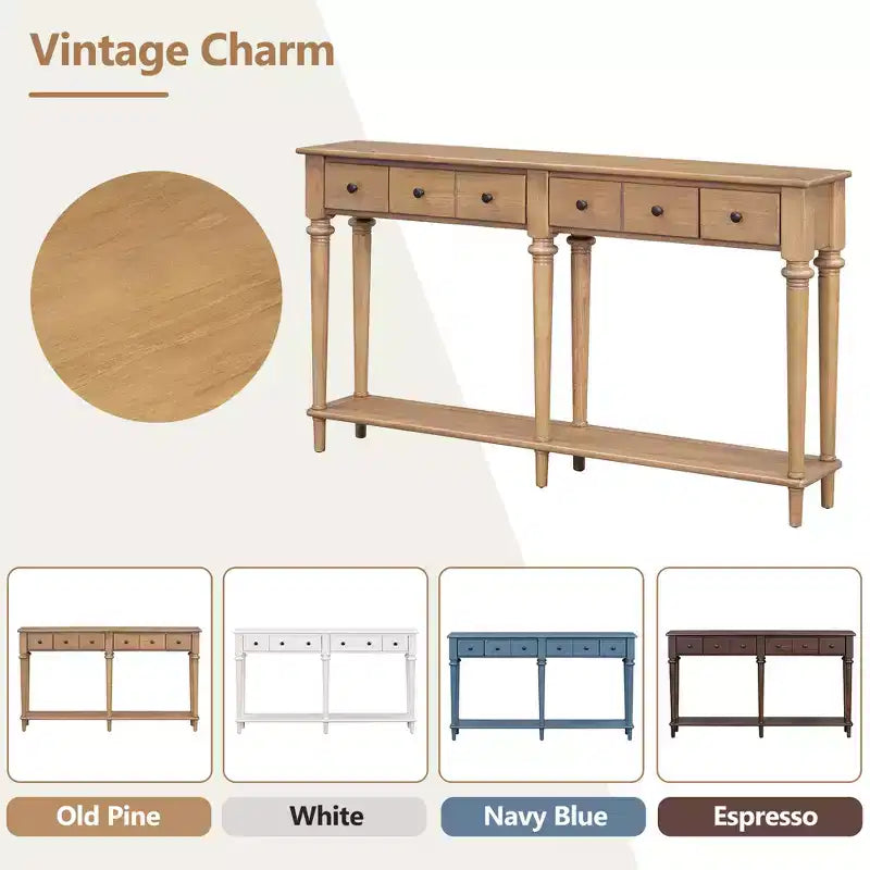Consolle stretta vintage con contenitore, tavolino da ingresso in legno con 4 cassetti e ripiano aperto per ingressi, soggiorni e corridoi