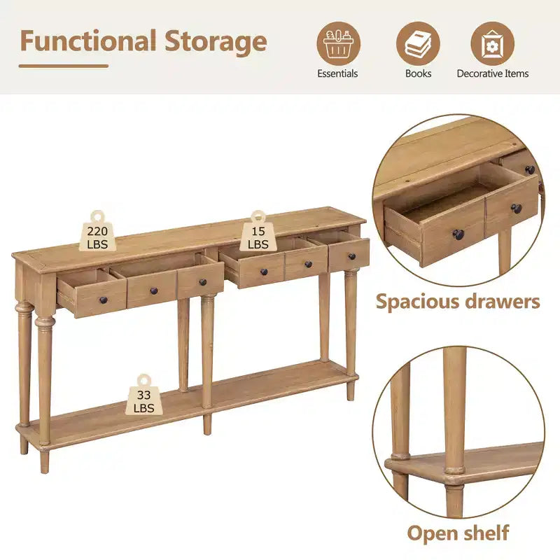 Consolle stretta vintage con contenitore, tavolino da ingresso in legno con 4 cassetti e ripiano aperto per ingressi, soggiorni e corridoi
