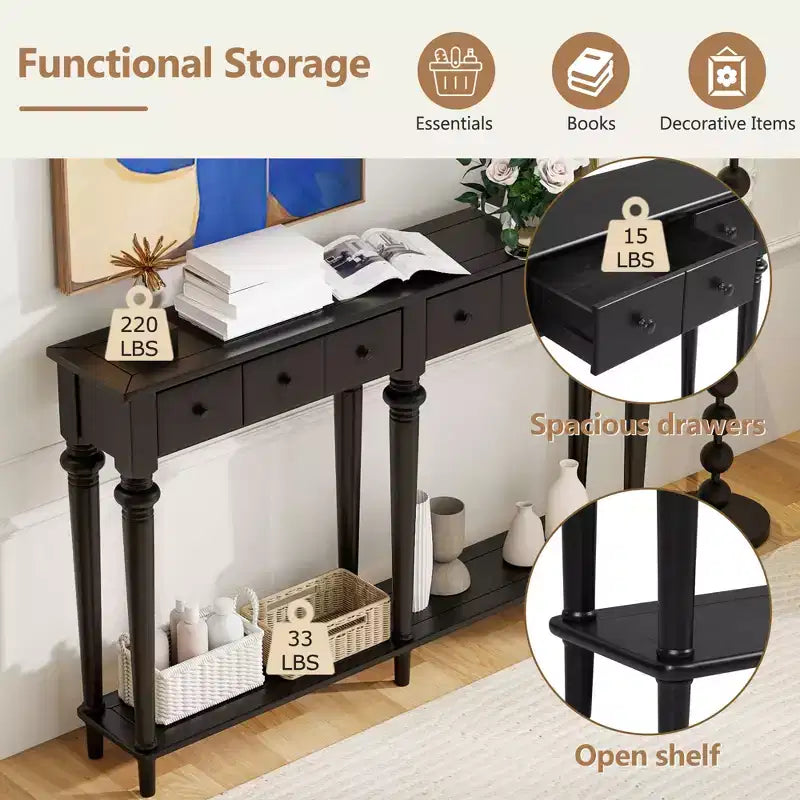 Consolle stretta vintage con contenitore, tavolino da ingresso in legno con 4 cassetti e ripiano aperto per ingressi, soggiorni e corridoi