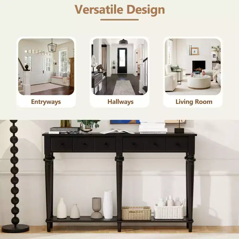 Consolle stretta vintage con contenitore, tavolino da ingresso in legno con 4 cassetti e ripiano aperto per ingressi, soggiorni e corridoi