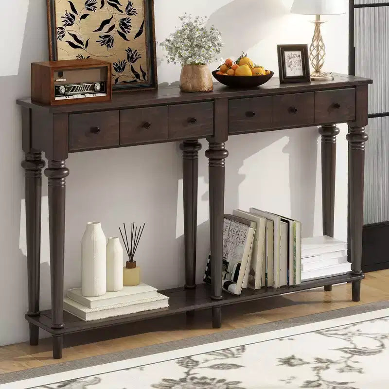 Consolle stretta vintage con contenitore, tavolino da ingresso in legno con 4 cassetti e ripiano aperto per ingressi, soggiorni e corridoi