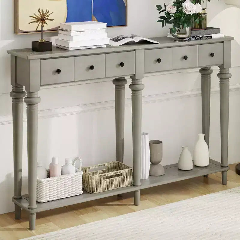 Consolle stretta vintage con contenitore, tavolino da ingresso in legno con 4 cassetti e ripiano aperto per ingressi, soggiorni e corridoi