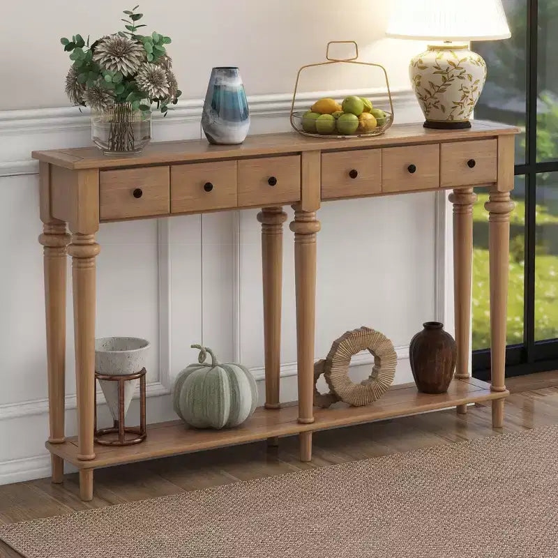 Consolle stretta vintage con contenitore, tavolino da ingresso in legno con 4 cassetti e ripiano aperto per ingressi, soggiorni e corridoi