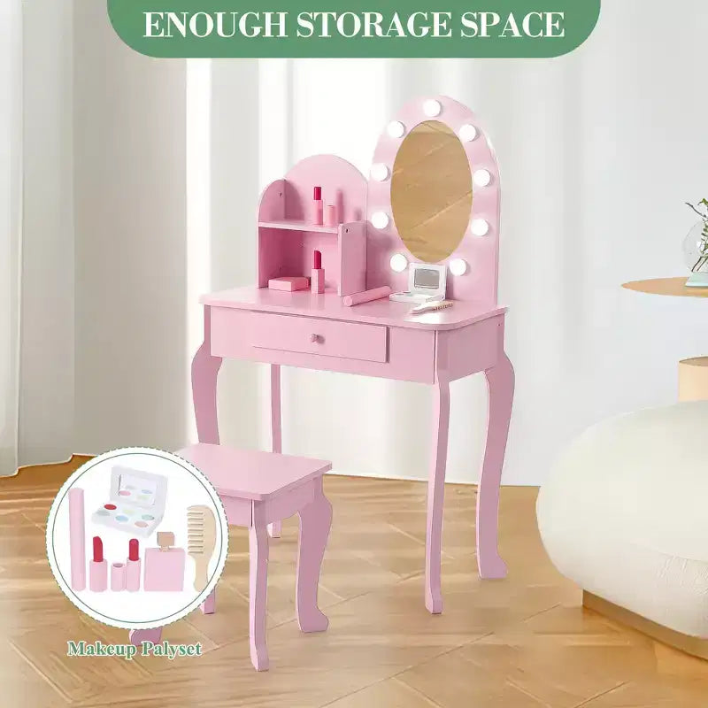 Set toeletta principessa per bambine, tavolo da toeletta e sgabello con specchio illuminato per gioco di finzione, set da gioco per trucco, cassetto portaoggetti