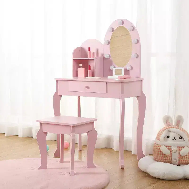 Set toeletta principessa per bambine, tavolo da toeletta e sgabello con specchio illuminato per gioco di finzione, set da gioco per trucco, cassetto portaoggetti