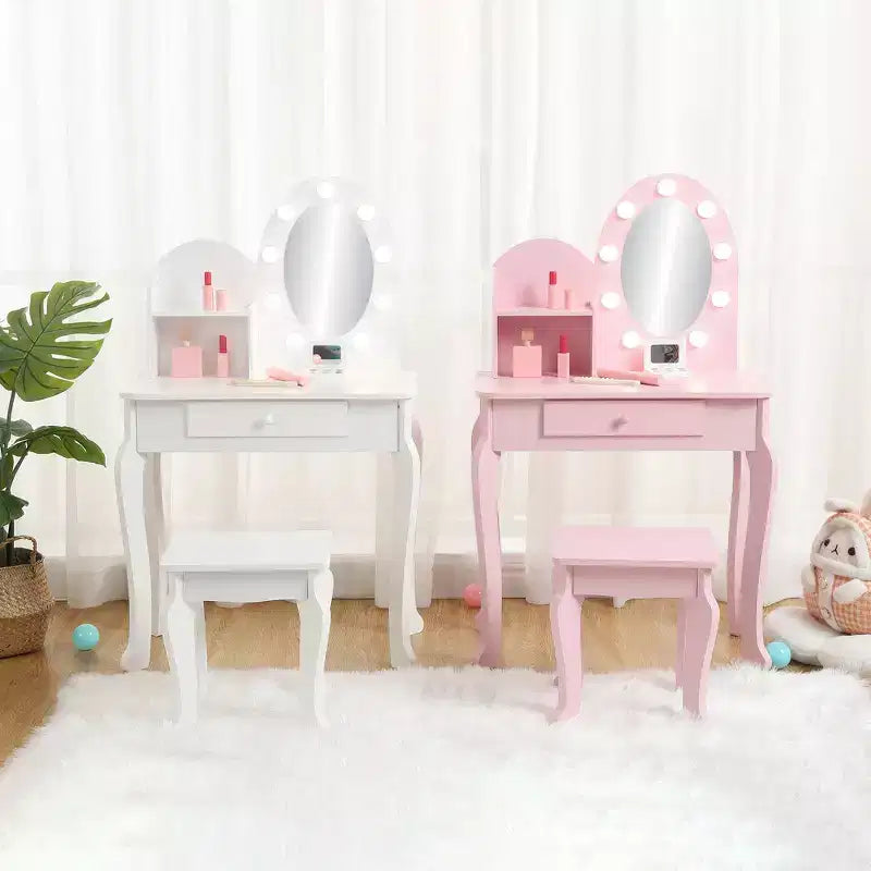 Set toeletta principessa per bambine, tavolo da toeletta e sgabello con specchio illuminato per gioco di finzione, set da gioco per trucco, cassetto portaoggetti