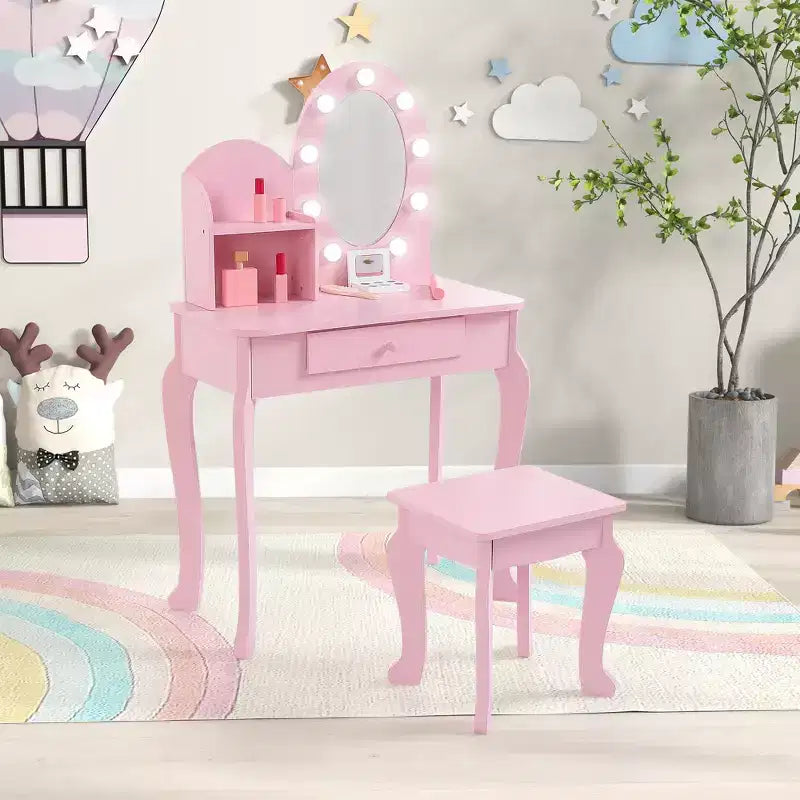 Set toeletta principessa per bambine, tavolo da toeletta e sgabello con specchio illuminato per gioco di finzione, set da gioco per trucco, cassetto portaoggetti