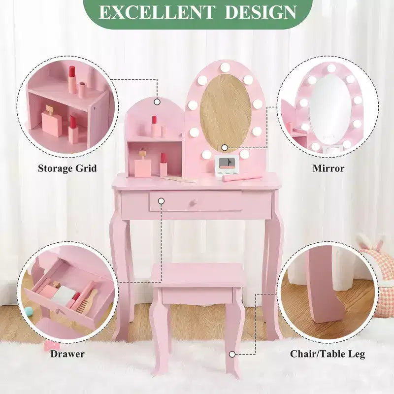 Set toeletta principessa per bambine, tavolo da toeletta e sgabello con specchio illuminato per gioco di finzione, set da gioco per trucco, cassetto portaoggetti
