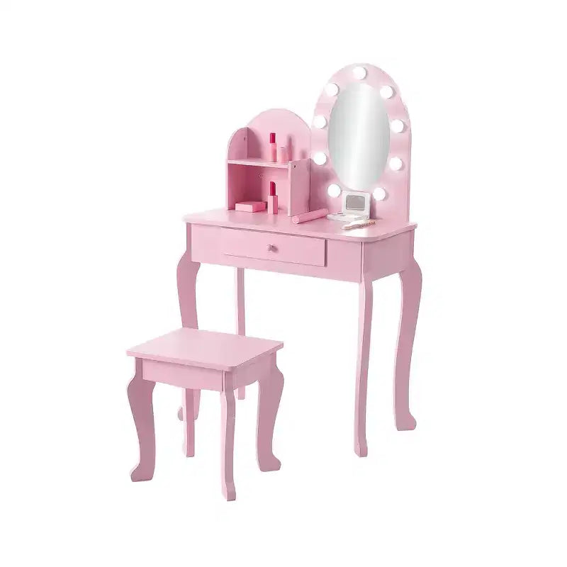 Set toeletta principessa per bambine, tavolo da toeletta e sgabello con specchio illuminato per gioco di finzione, set da gioco per trucco, cassetto portaoggetti