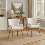 Royal Hampton Side Chair Set of 2, White Boucle, Soft Padding, Brown Wood Legs
