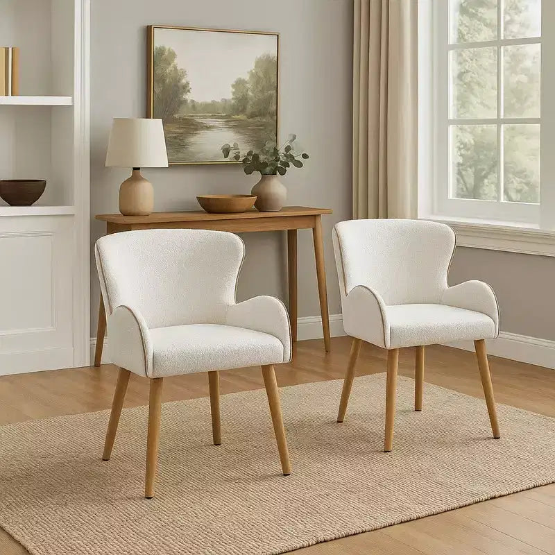 Royal Hampton Side Chair Set of 2, White Boucle, Soft Padding, Brown Wood Legs