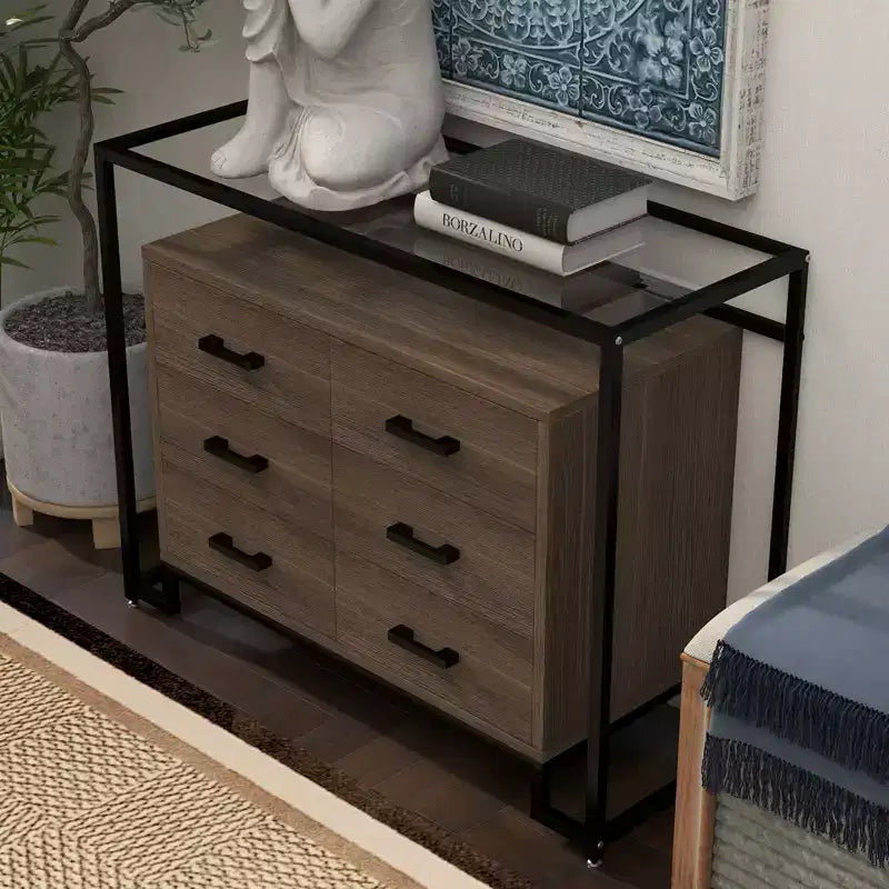 Cassettiera a 6 cassetti, in Acciaio Vetro Temperato Tavola Triamine con Fondo Rialzato Armadietto di Stoccaggio a Sei Cassetti per Soggiorno Camera da Letto