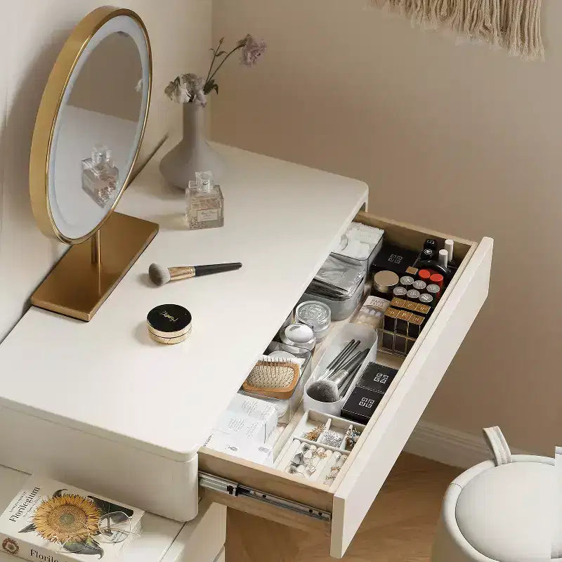 GDFStudio Soren Tavolo da toeletta moderno in legno con 4 cassetti e sgabello