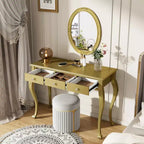 Consolle Tocador de Lujo con 3 Cajones para Almacenamiento, Espejo Ovalado Montado en la Pared, Elegante Estación de Belleza para Dormitorio, Tocador, Salón