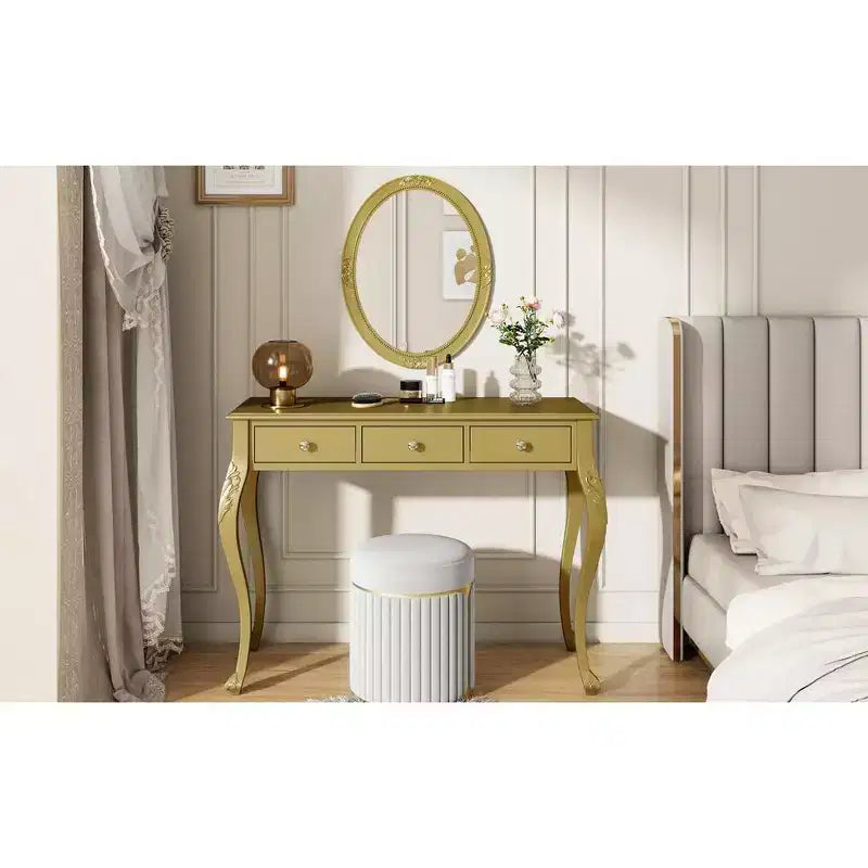 Consolle Tocador de Lujo con 3 Cajones para Almacenamiento, Espejo Ovalado Montado en la Pared, Elegante Estación de Belleza para Dormitorio, Tocador, Salón