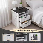 COZONY Comodino con Stazione di Ricarica, 2 Prese CA e 2 Porte USB, Tavolino da Comodino Industriale con 2 Cassetti per Camera da Letto