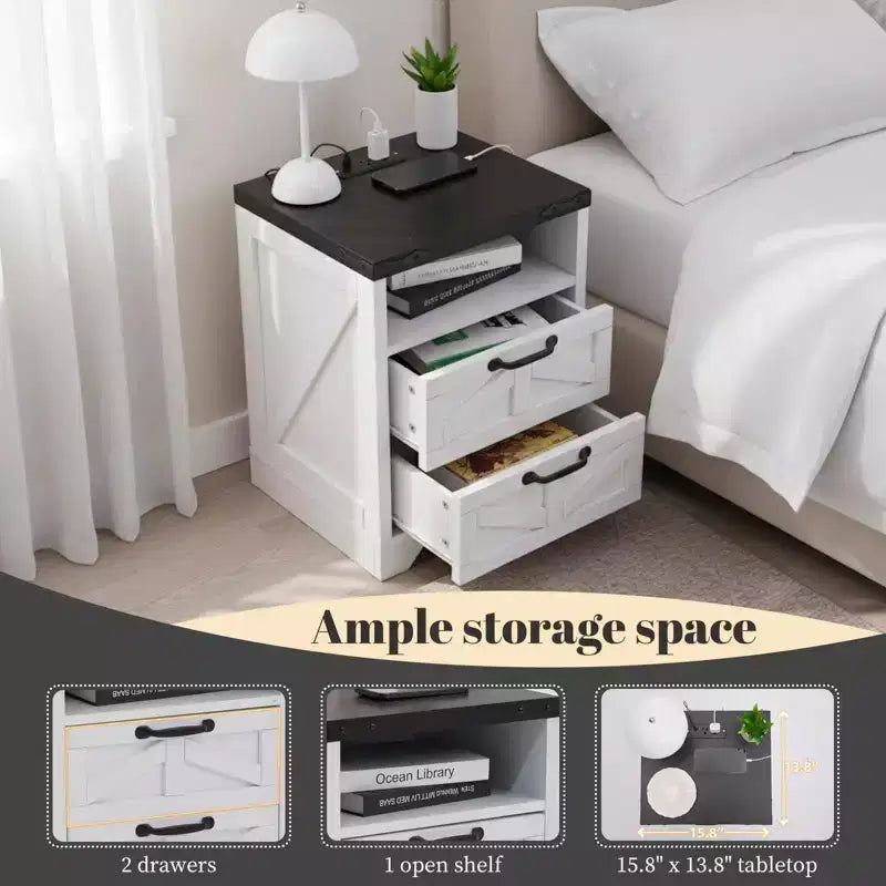 COZONY Comodino con Stazione di Ricarica, 2 Prese CA e 2 Porte USB, Tavolino da Comodino Industriale con 2 Cassetti per Camera da Letto