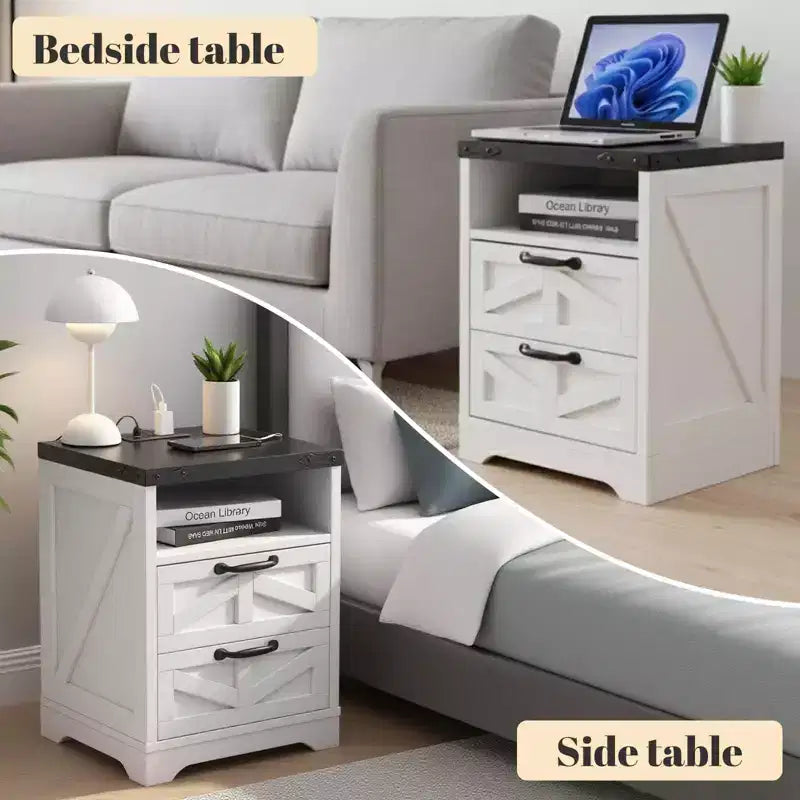 COZONY Comodino con Stazione di Ricarica, 2 Prese CA e 2 Porte USB, Tavolino da Comodino Industriale con 2 Cassetti per Camera da Letto