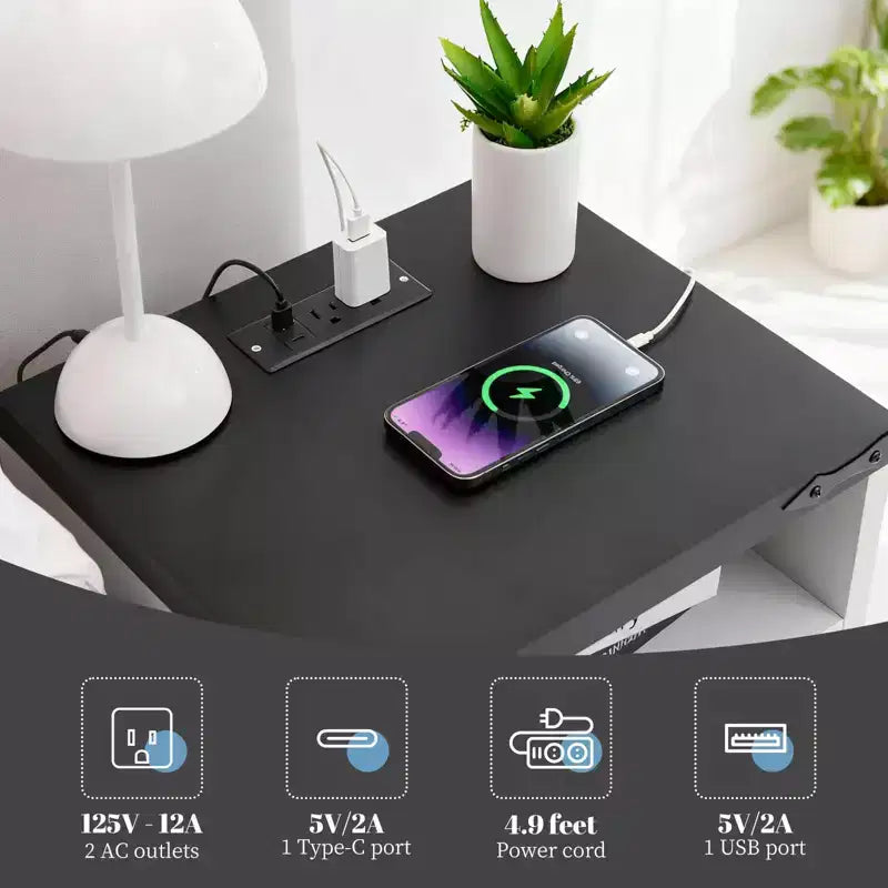 COZONY Comodino con Stazione di Ricarica, 2 Prese CA e 2 Porte USB, Tavolino da Comodino Industriale con 2 Cassetti per Camera da Letto