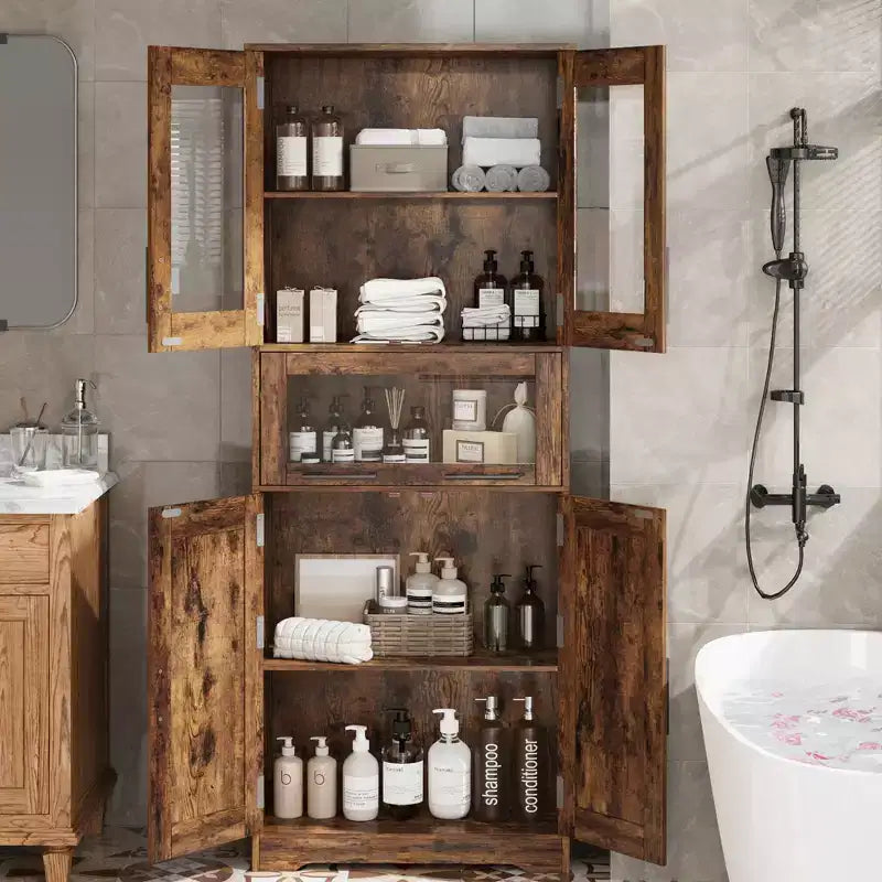 Mobile Dispensa da Cucina Alto 67" con Ante in Vetro, Ripiani Regolabili, Cassetto, per Bagno, Sala da Pranzo, Soggiorno