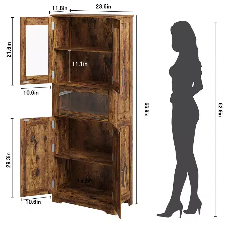Mobile Dispensa da Cucina Alto 67" con Ante in Vetro, Ripiani Regolabili, Cassetto, per Bagno, Sala da Pranzo, Soggiorno