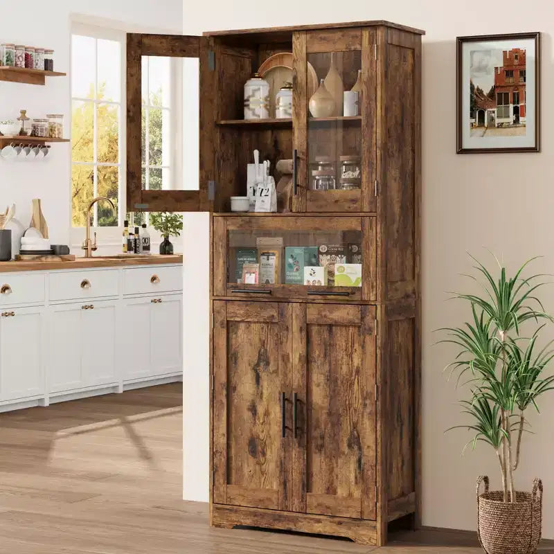 Mobile Dispensa da Cucina Alto 67" con Ante in Vetro, Ripiani Regolabili, Cassetto, per Bagno, Sala da Pranzo, Soggiorno
