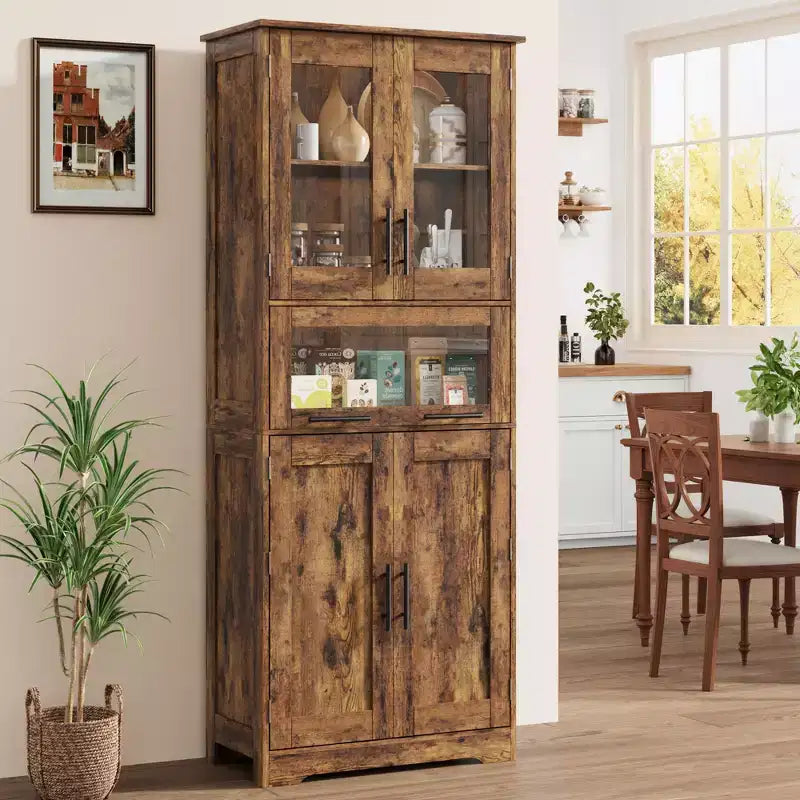 Mobile Dispensa da Cucina Alto 67" con Ante in Vetro, Ripiani Regolabili, Cassetto, per Bagno, Sala da Pranzo, Soggiorno