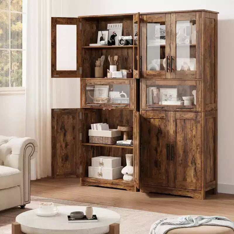 Mobile Dispensa da Cucina Alto 67" con Ante in Vetro, Ripiani Regolabili, Cassetto, per Bagno, Sala da Pranzo, Soggiorno