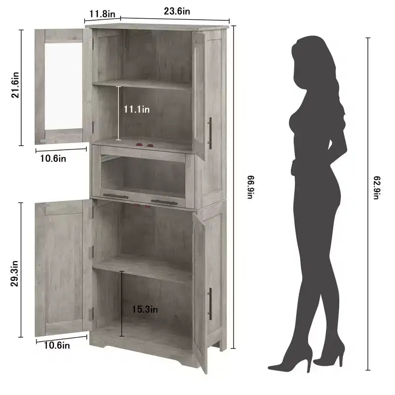 Mobile Dispensa da Cucina Alto 67" con Ante in Vetro, Ripiani Regolabili, Cassetto, per Bagno, Sala da Pranzo, Soggiorno