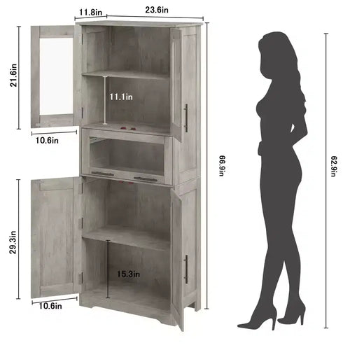Mobile Dispensa da Cucina Alto 67" con Ante in Vetro, Ripiani Regolabili, Cassetto, per Bagno, Sala da Pranzo, Soggiorno