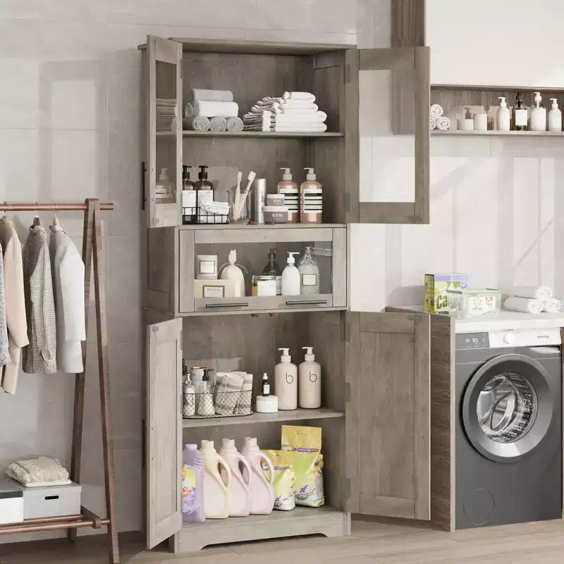 Mobile Dispensa da Cucina Alto 67" con Ante in Vetro, Ripiani Regolabili, Cassetto, per Bagno, Sala da Pranzo, Soggiorno