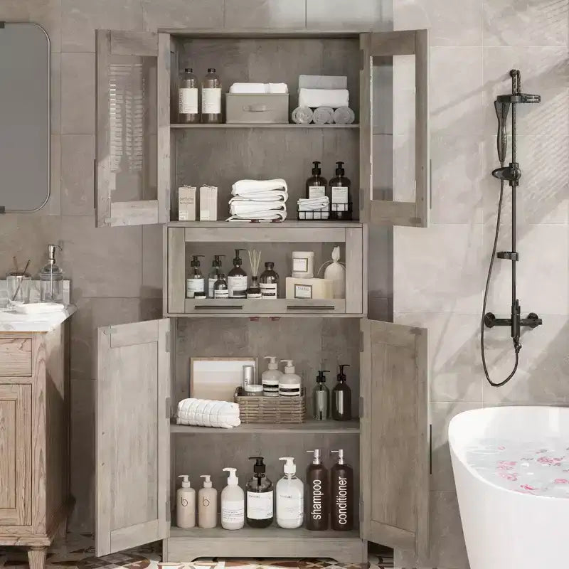 Mobile Dispensa da Cucina Alto 67" con Ante in Vetro, Ripiani Regolabili, Cassetto, per Bagno, Sala da Pranzo, Soggiorno