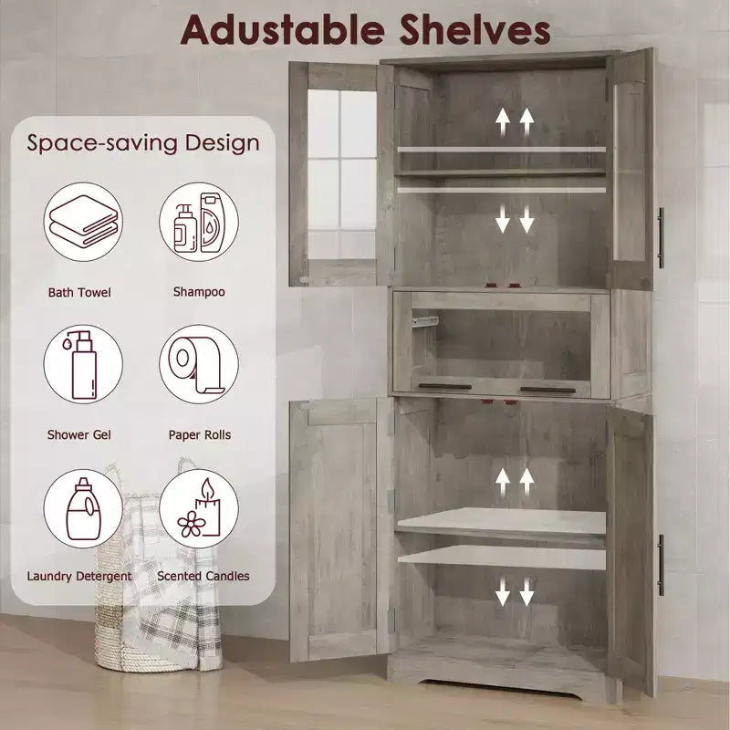 Mobile Dispensa da Cucina Alto 67" con Ante in Vetro, Ripiani Regolabili, Cassetto, per Bagno, Sala da Pranzo, Soggiorno