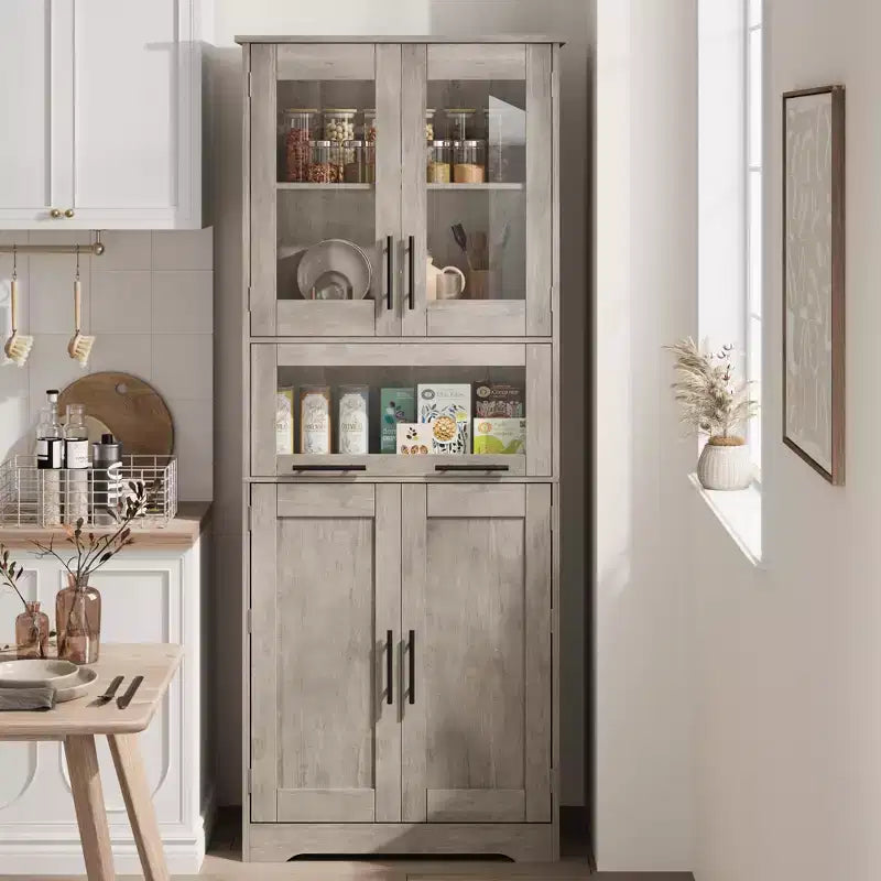 Mobile Dispensa da Cucina Alto 67" con Ante in Vetro, Ripiani Regolabili, Cassetto, per Bagno, Sala da Pranzo, Soggiorno