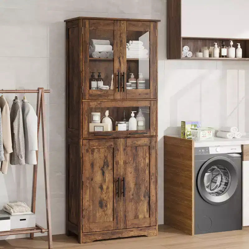 Mobile Dispensa da Cucina Alto 67" con Ante in Vetro, Ripiani Regolabili, Cassetto, per Bagno, Sala da Pranzo, Soggiorno