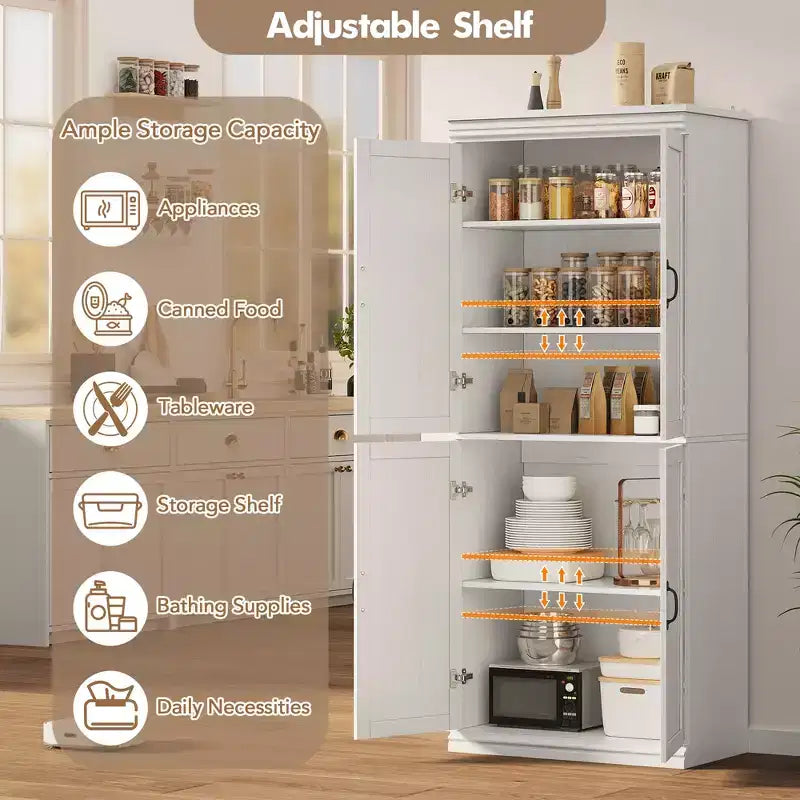 Mobile Dispensa da Cucina Autoportante, Armadio Alto con Ante e Ripiani Regolabili, per Bagno, Sala da Pranzo, Soggiorno