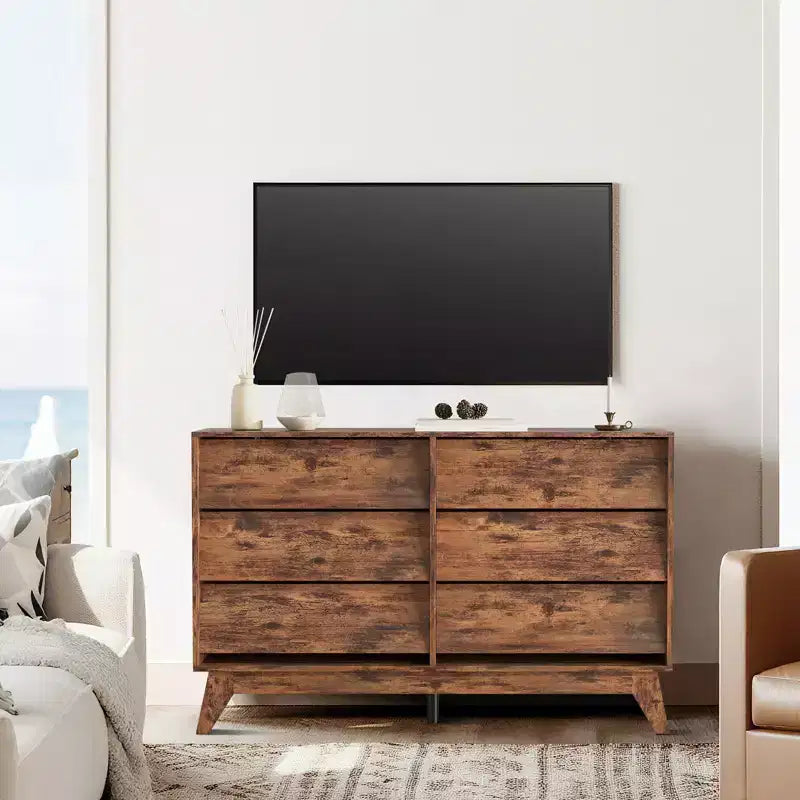 Cassettiera a 6 cassetti per camera da letto, Comò da 120 cm stile Mid-Century, Cassettiera in legno/Mobile TV, per camera da letto, soggiorno, corridoio