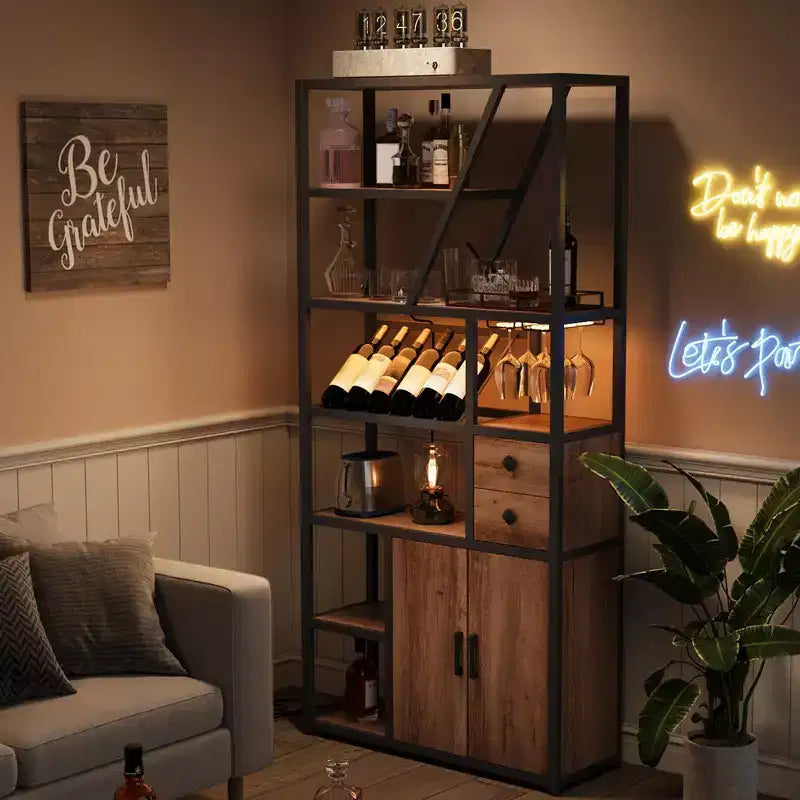 Mobile bar per vini, Mobiletto alto per caffè, Supporto per microonde con contenitore, Mobiletto bar per caffè in stile rustico con portabottiglie e portabicchieri