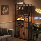 Mobile bar per vini, Mobiletto alto per caffè, Supporto per microonde con contenitore, Mobiletto bar per caffè in stile rustico con portabottiglie e portabicchieri