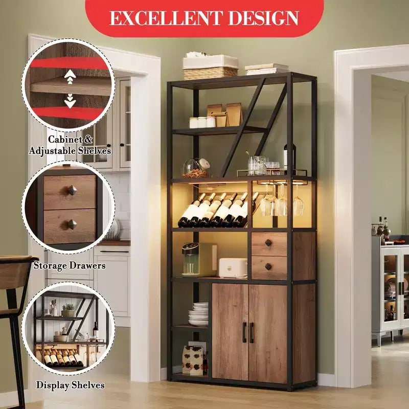 Mobile bar per vini, Mobiletto alto per caffè, Supporto per microonde con contenitore, Mobiletto bar per caffè in stile rustico con portabottiglie e portabicchieri