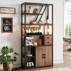 Mobile bar per vini, Mobiletto alto per caffè, Supporto per microonde con contenitore, Mobiletto bar per caffè in stile rustico con portabottiglie e portabicchieri