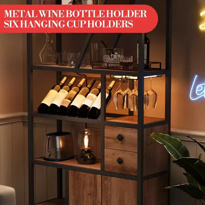 Mobile bar per vini, Mobiletto alto per caffè, Supporto per microonde con contenitore, Mobiletto bar per caffè in stile rustico con portabottiglie e portabicchieri