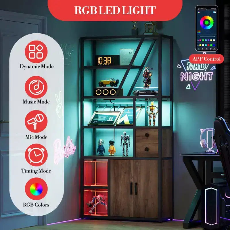 Mobile bar per vini, Mobiletto alto per caffè, Supporto per microonde con contenitore, Mobiletto bar per caffè in stile rustico con portabottiglie e portabicchieri