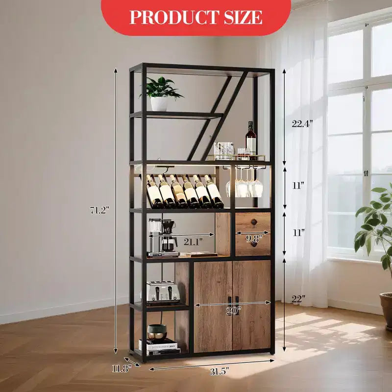 Mobile bar per vini, Mobiletto alto per caffè, Supporto per microonde con contenitore, Mobiletto bar per caffè in stile rustico con portabottiglie e portabicchieri